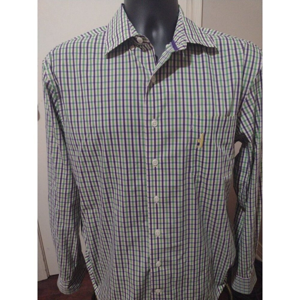 Small S Johnnie-O Prep-Formance Green Purple Check Shirt Long Sleeve Button Up